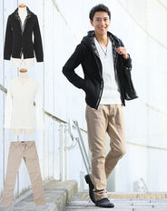 黒ボタンパーカー×白Tシャツ×ベージュパンツ3点コーデセット