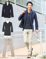 ☆ジャケットセット☆紺×黒ジャケット×黒Tシャツ×ベージュパンツ3点コーデセット 65