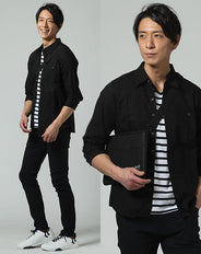 「麻シャツ」「ボーダー半袖Tシャツ」「黒ロングパンツ」 3点セット