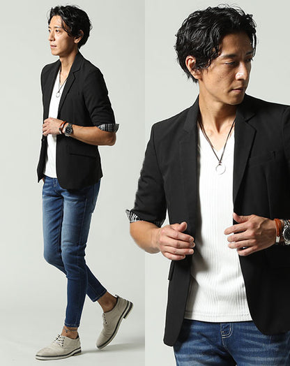 40代　3点セット「黒ジャケット」「7分袖白T」「接触冷感デニムパンツ」