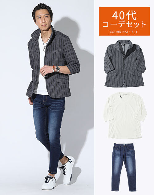 40代　3点セット「サマージャケット」「7分袖白T」「接触冷感デニムパンツ」