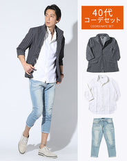 40代　3点セット「サマージャケット」「白シャツ」「サックス色デニムパンツ」
