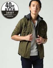 「ミリタリーシャツ」「白Tシャツ」「ブーツカットパンツ」3点セット