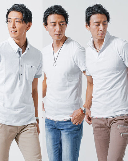 涼しいクールマックス3枚セット　白半袖ポロシャツ×白スタンドカラーポロシャツ×白VネックTシャツ