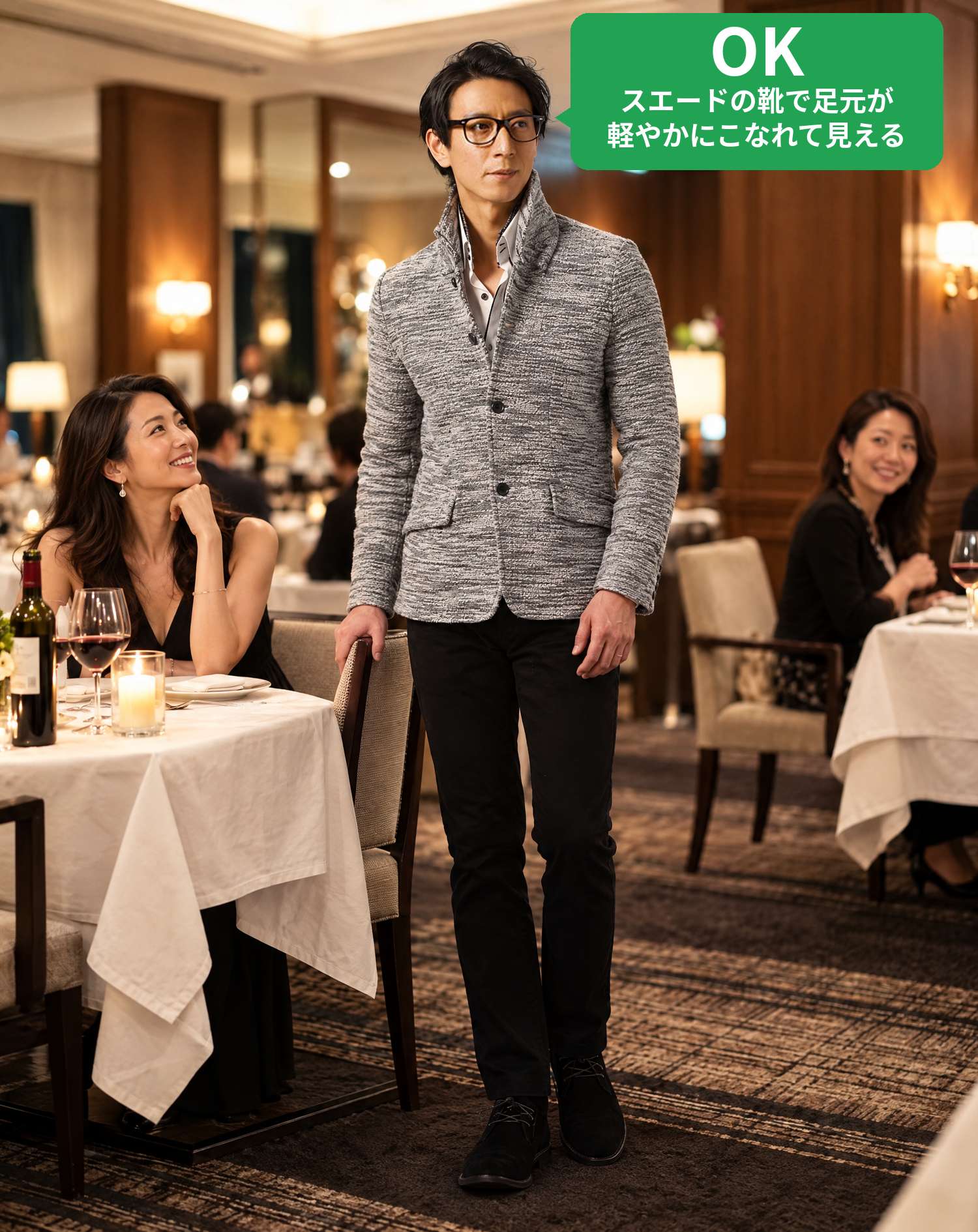 OKコーデ　ホテルのレストランで、テーブルの女性が笑顔で見上げる記念日ディナーのシーン（OKマーク付き）