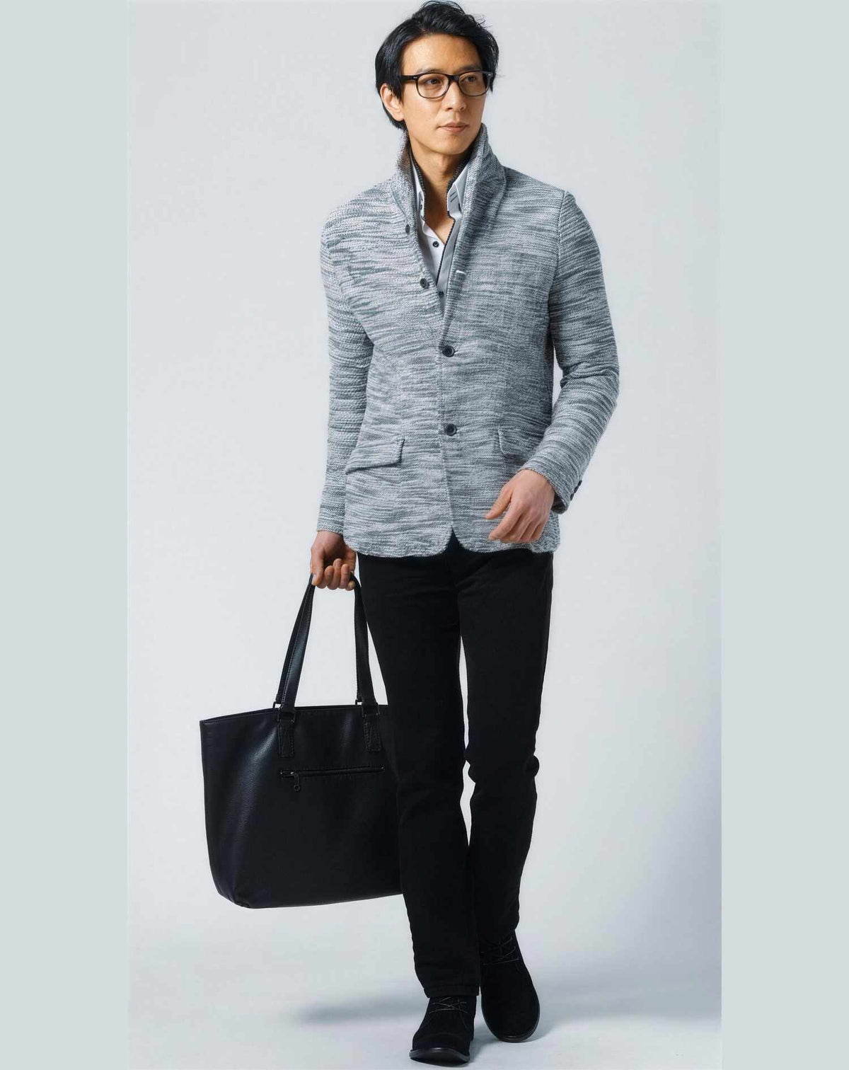 ホテルディナー40代50代の服装3点メンズコーデセット 白ジャケット×白シャツ×黒テーパードパンツ