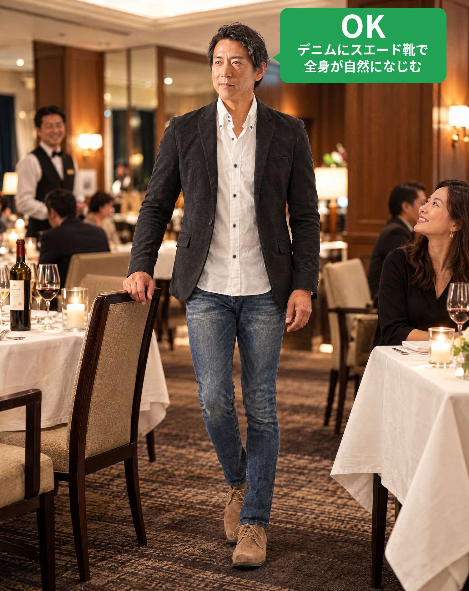 OKコーデ　ホテルのレストランで、笑顔のパートナーが待つテーブルへ向かうシーン（OKマーク付き）