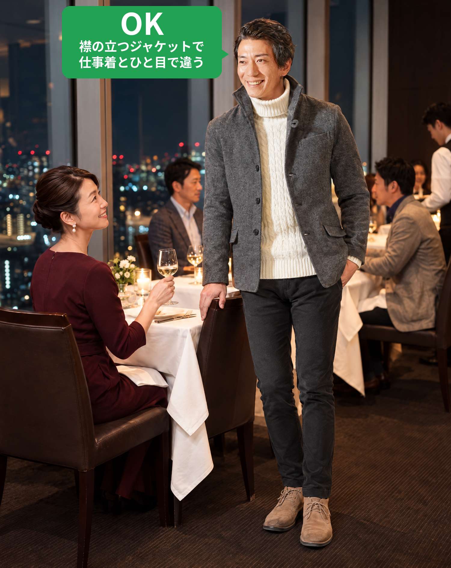 OKコーデ　夜景の見えるホテルのレストランで、笑顔の奥さんが待つテーブルに着くシーン（OKマーク付き）
