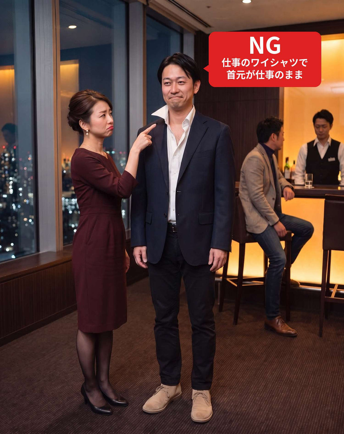 ホテルディナーの服装40代50代3点メンズコーデセット ネイビーテーラードジャケット×白タートルネックニット×黒スリムパンツ