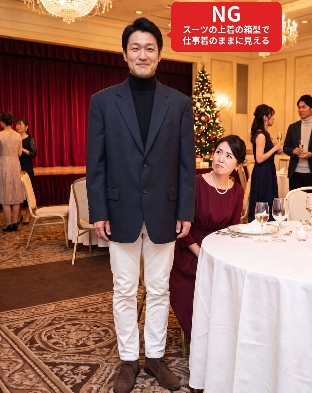 ホテルディナーショーに行く時の服装40代50代3点メンズコーデセット グレースタンドカラージャケット×黒タートルネックニット×白テーパードパンツ