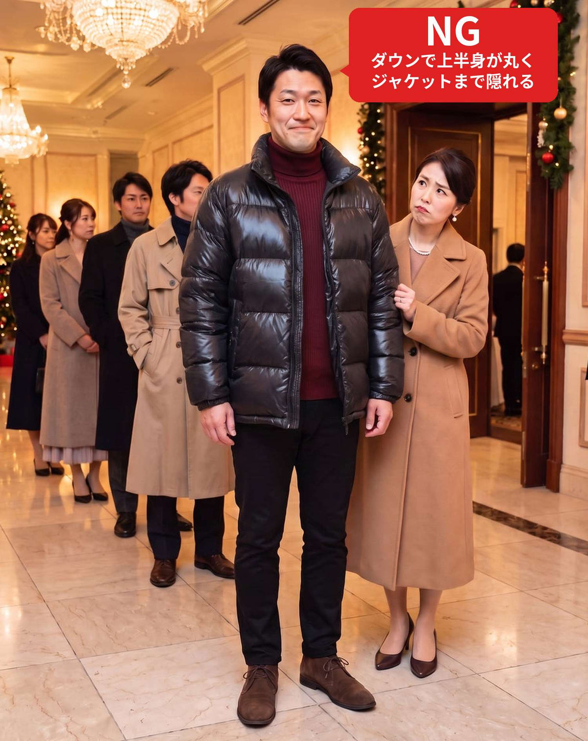 ホテルディナーショーに行く時の服装40代50代3点メンズコーデセット グレーコート×ワインレッドタートルネック×黒チノパンツ