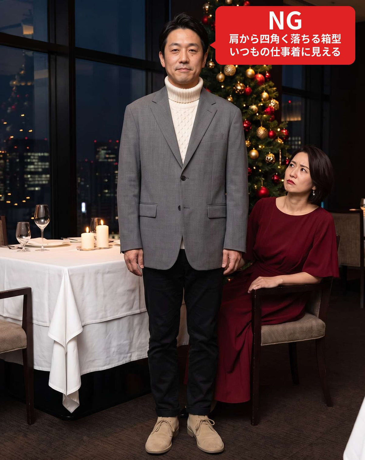 クリスマスディナーの服装40代50代3点メンズコーデセット  ネイビーテーラードジャケット×ワインレッドタートルネックニット×黒スリムパンツ