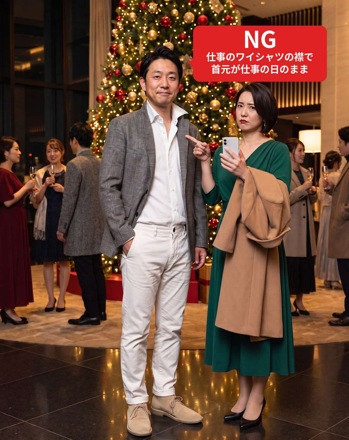 クリスマスディナーの服装40代50代3点メンズコーデセット  グレースタンドカラージャケット×白タートルネックニット×黒テーパードチノパンツ