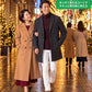 クリスマスディナーの服装40代50代3点メンズコーデセット  黒ロングチェスターコート×ワインタートルネックニット×白スキニーチノパンツ