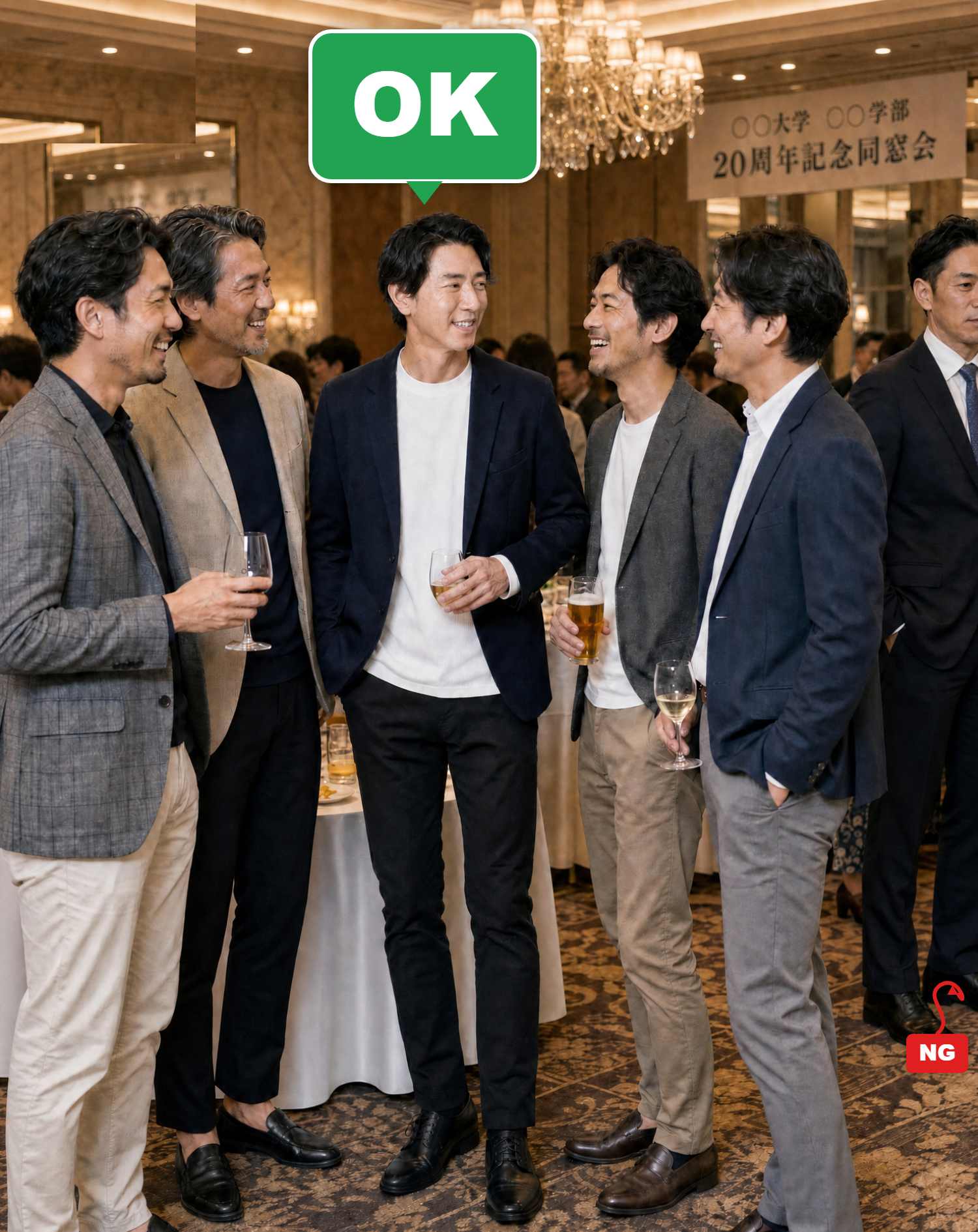 40代男性ホテル同窓会向けコーデセット ネイビージャケット×白長袖Tシャツ×黒スリムパンツ