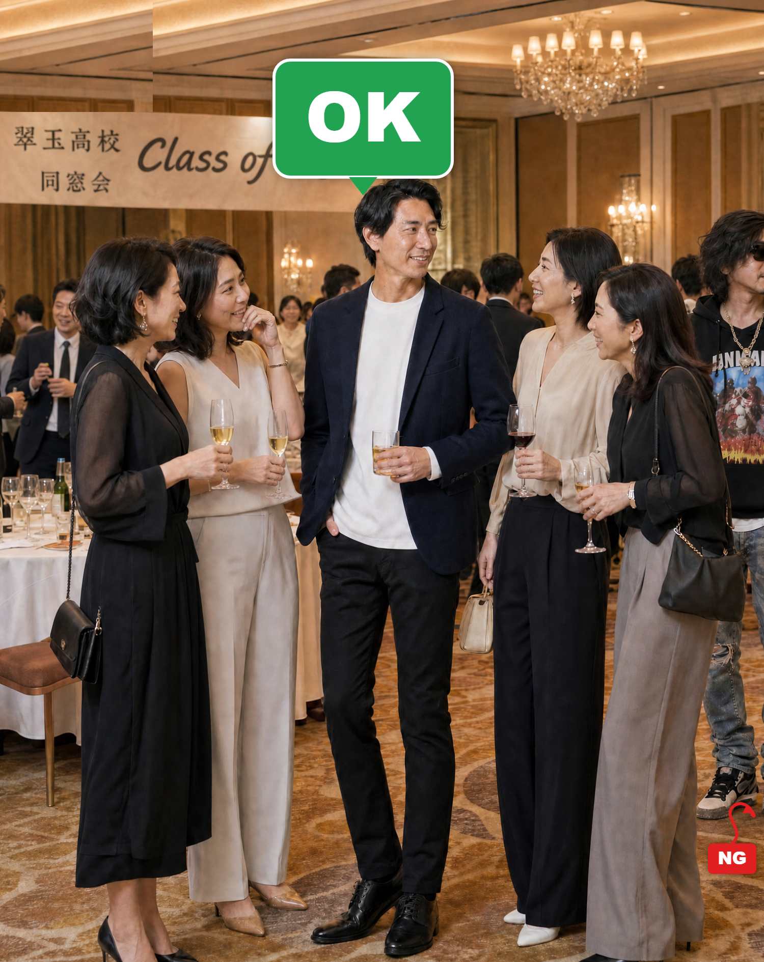 OKコーデ　ホテル会場の同窓会で異性の同級生に囲まれるシチュエーション（OKマーク付き）