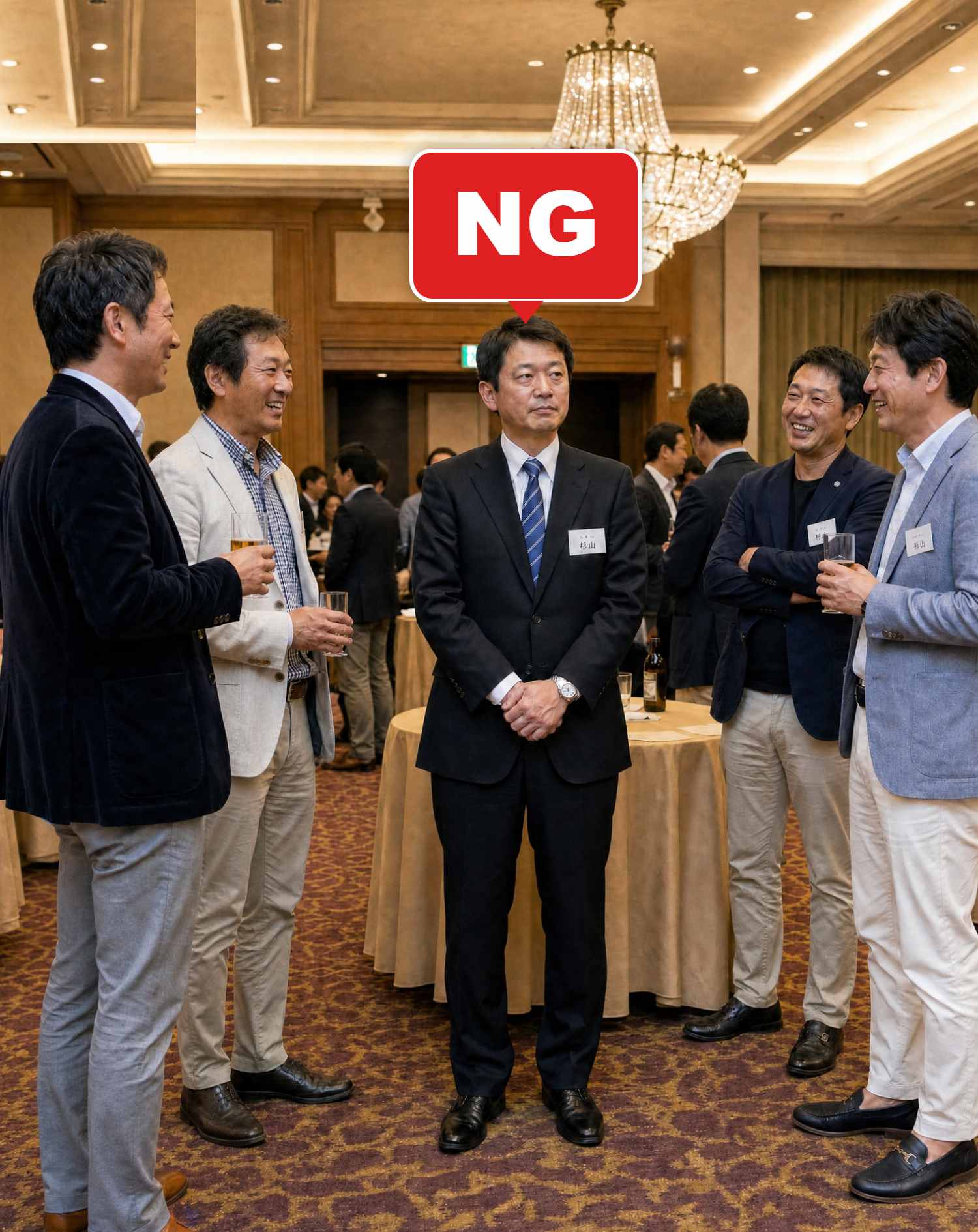 NGコーデ・よくある失敗例１　ビジネススーツ＋ネクタイのまま参加（NGマーク付き）