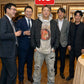 40代男性ホテル同窓会向けコーデセット ネイビージャケット×白長袖Tシャツ×黒スリムパンツ