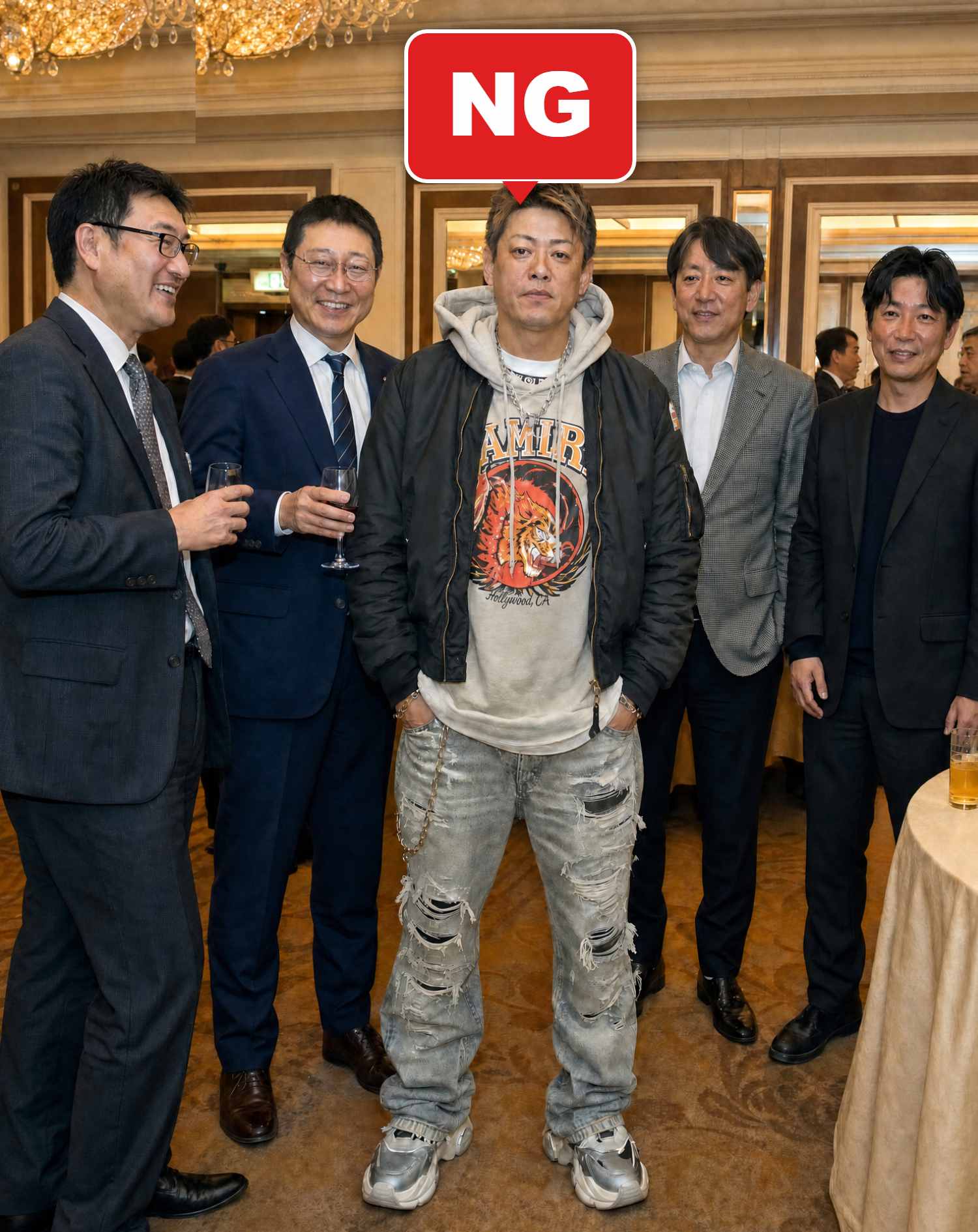 40代男性ホテル同窓会向けコーデセット ネイビージャケット×白長袖Tシャツ×黒スリムパンツ