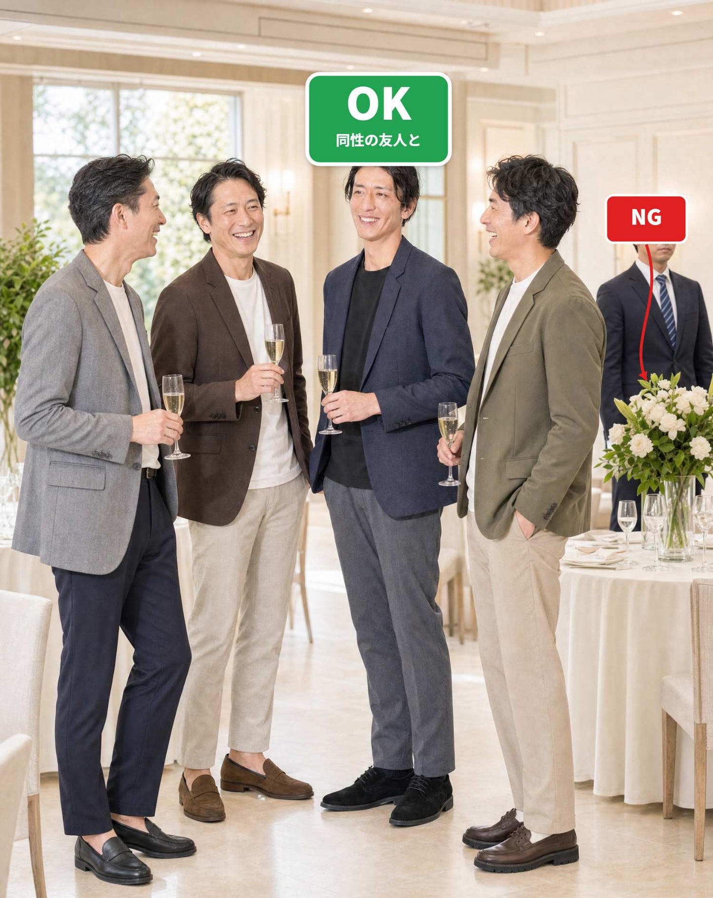 40代男性ホテル同窓会向けスマートカジュアル3点コーデセット ネイビージャケット×黒長袖Tシャツ×グレースラックス