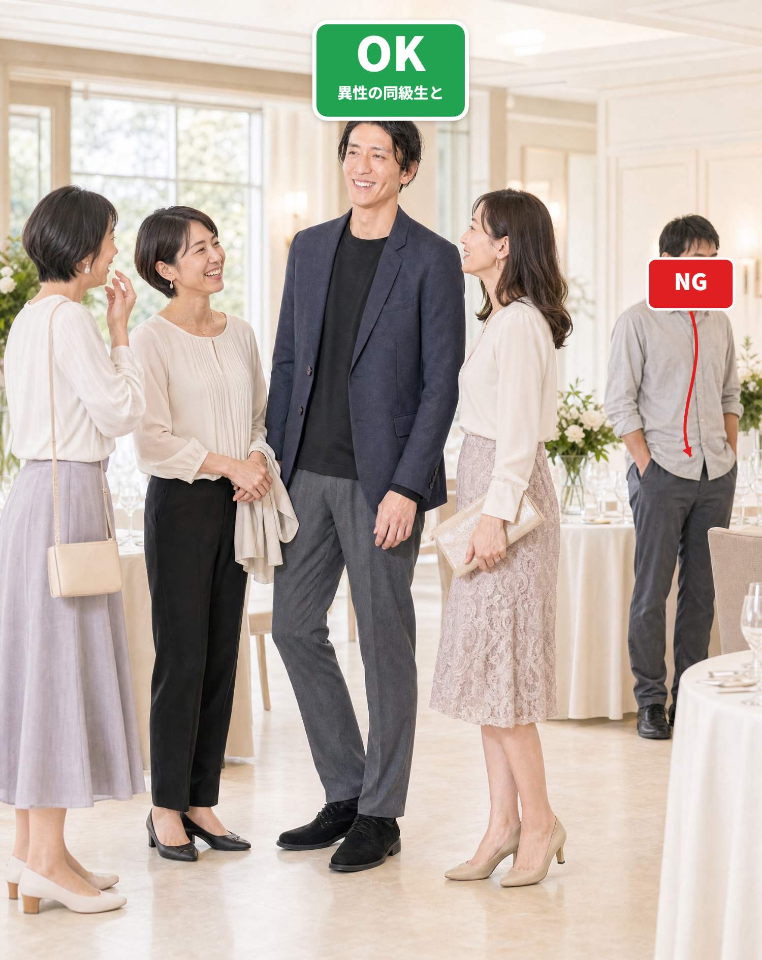 40代男性ホテル同窓会向けスマートカジュアル3点コーデセット ネイビージャケット×黒長袖Tシャツ×グレースラックス