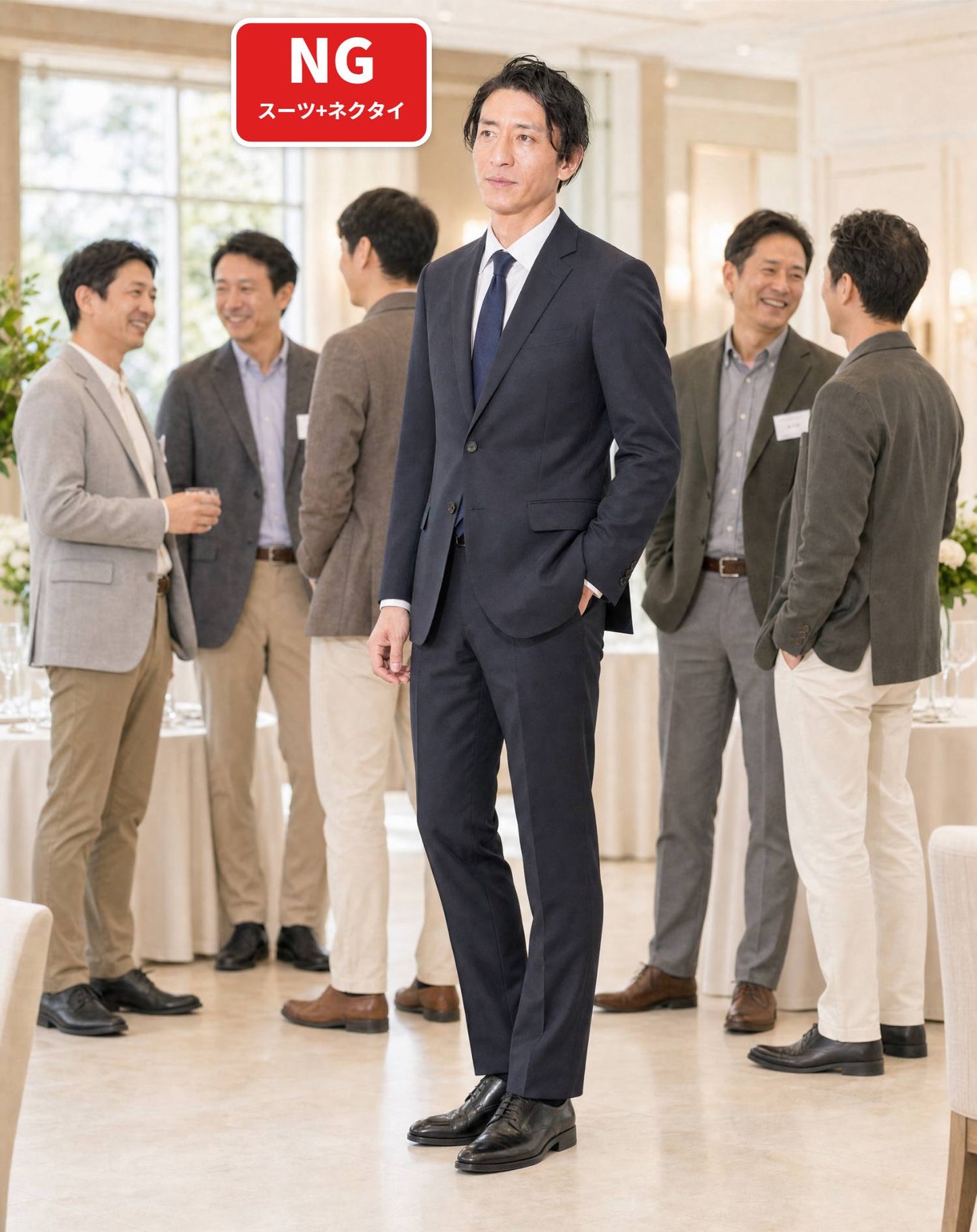 40代男性ホテル同窓会向けスマートカジュアル3点コーデセット ネイビージャケット×黒長袖Tシャツ×グレースラックス