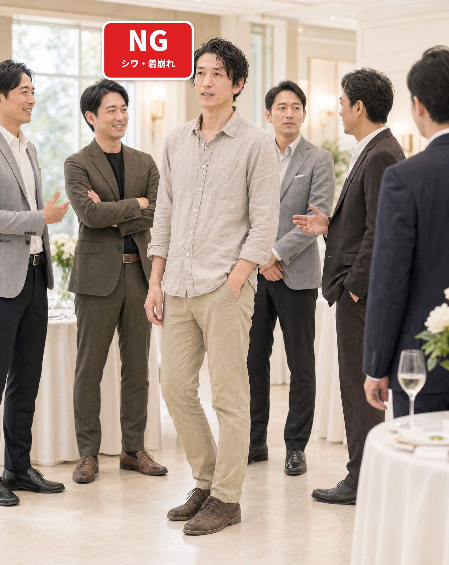 NGコーデ・よくある失敗例２　普段着のシワ・着崩れ（NGマーク付き）