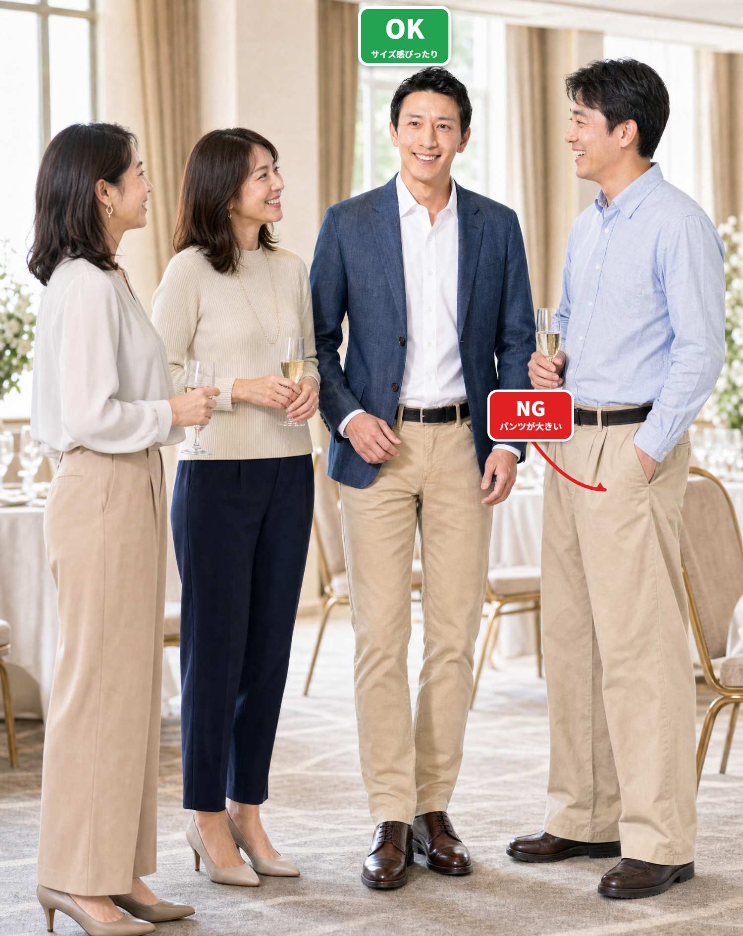 OKコーデ　ホテル会場の同窓会で異性の同級生に囲まれるシチュエーション（OKマーク付き）