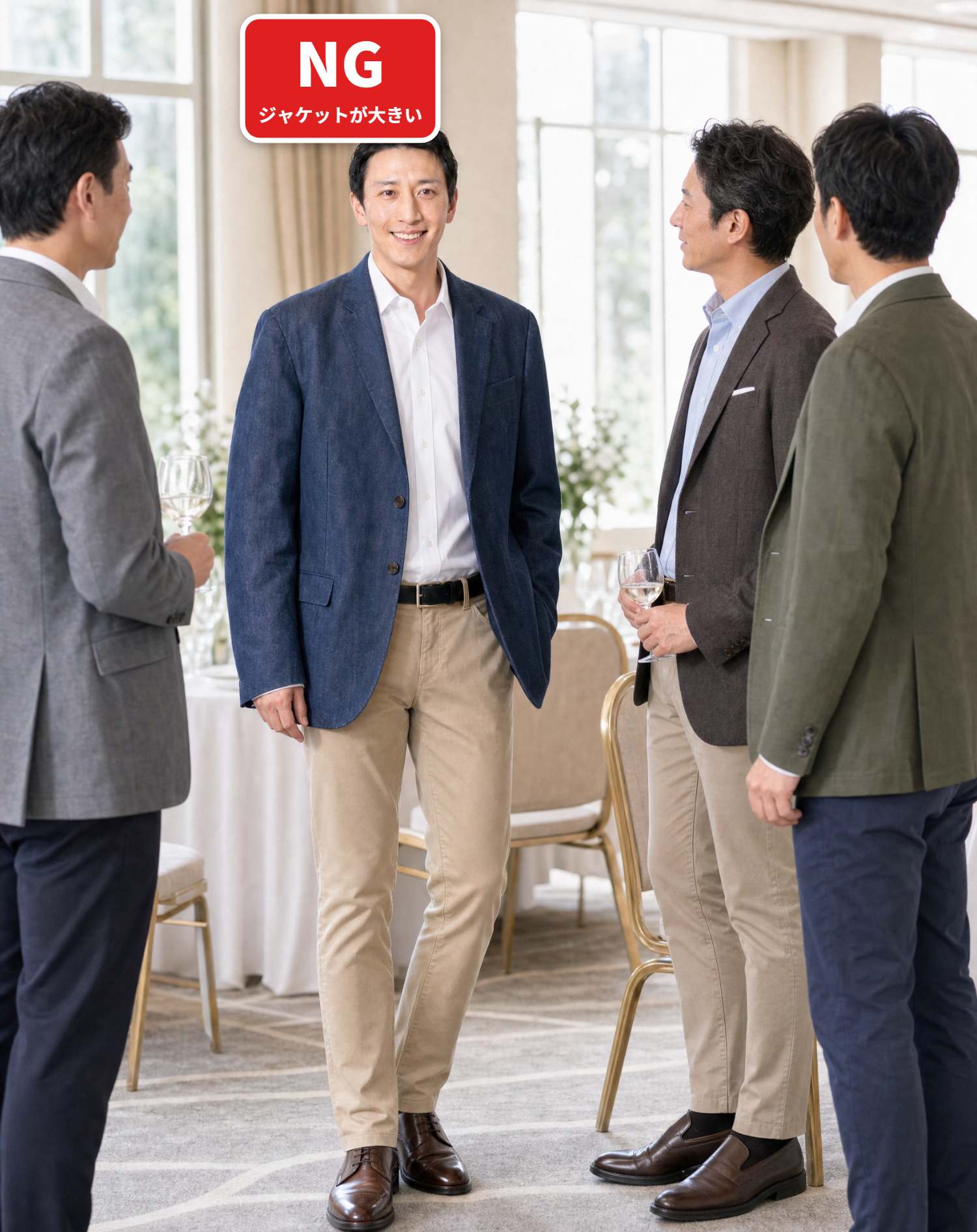 40代男性のホテル同窓会向けスマートカジュアル3点コーデセット デニムテーラードジャケット×白ボタンダウンシャツ×ベージュスリムチノパン