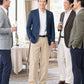 40代男性のホテル同窓会向けスマートカジュアル3点コーデセット デニムテーラードジャケット×白ボタンダウンシャツ×ベージュスリムチノパン