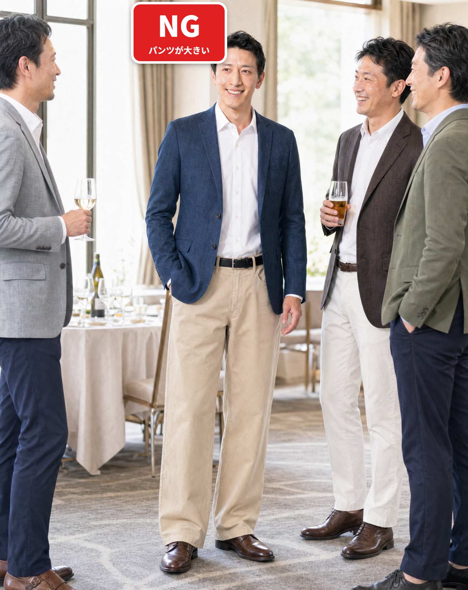 40代男性のホテル同窓会向けスマートカジュアル3点コーデセット デニムテーラードジャケット×白ボタンダウンシャツ×ベージュスリムチノパン