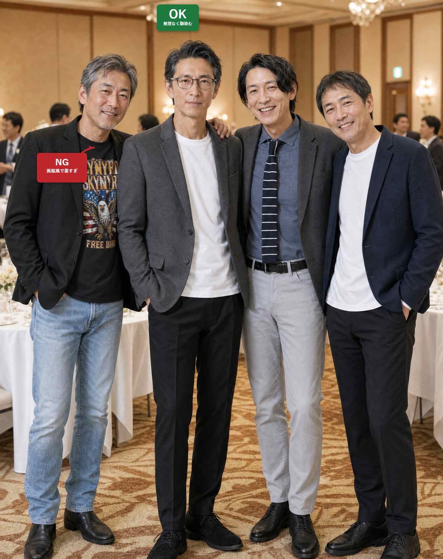 50代男性のホテル同窓会向けスマートカジュアル3点コーデセット グレーテーラードジャケット×白ロンT×黒テーパードパンツ