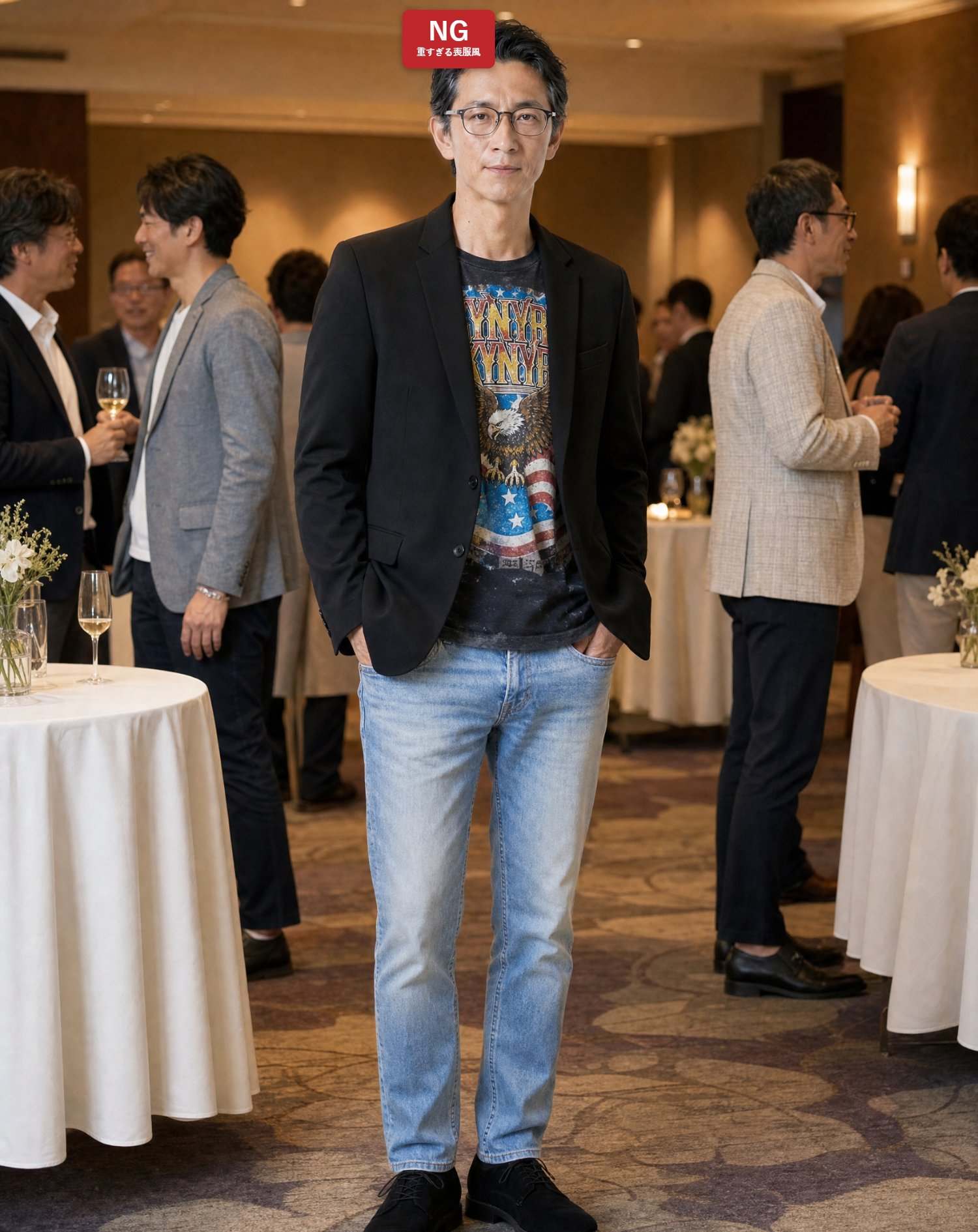 NGコーデ・よくある失敗例１　喪服のような真っ黒ジャケットと派手なアメカジTシャツ・ブルージーンズの組み合わせ（NGマーク付き）