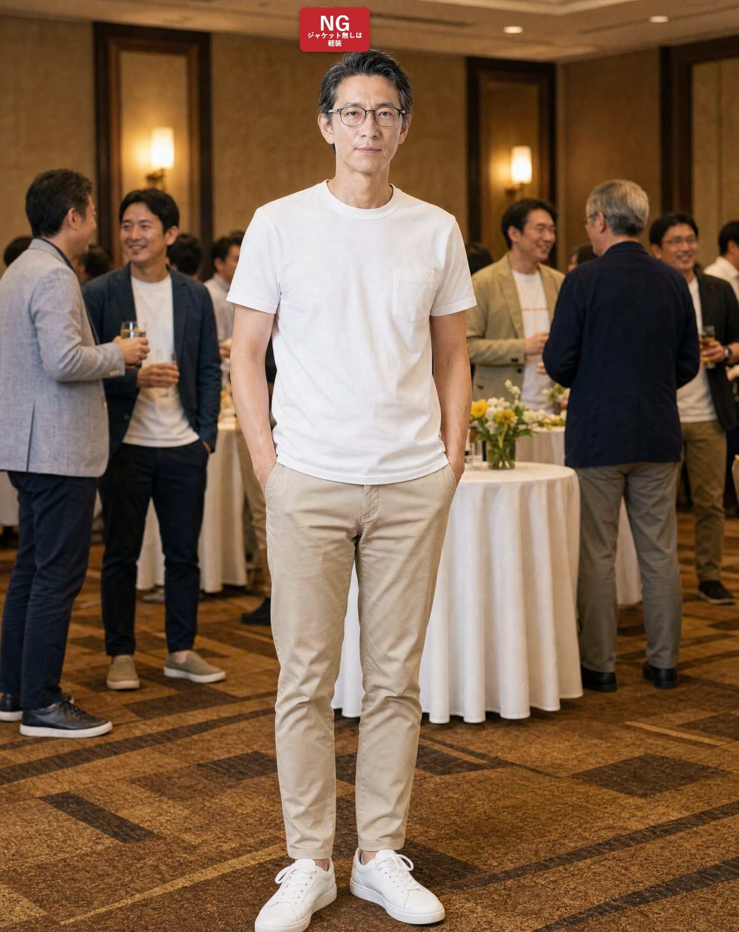 NGコーデ・よくある失敗例２　ジャケットなしの半袖Tシャツ・ベージュチノパン・スニーカー（NGマーク付き）