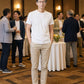 50代男性のホテル同窓会向けスマートカジュアル3点コーデセット グレーテーラードジャケット×白ロンT×黒テーパードパンツ