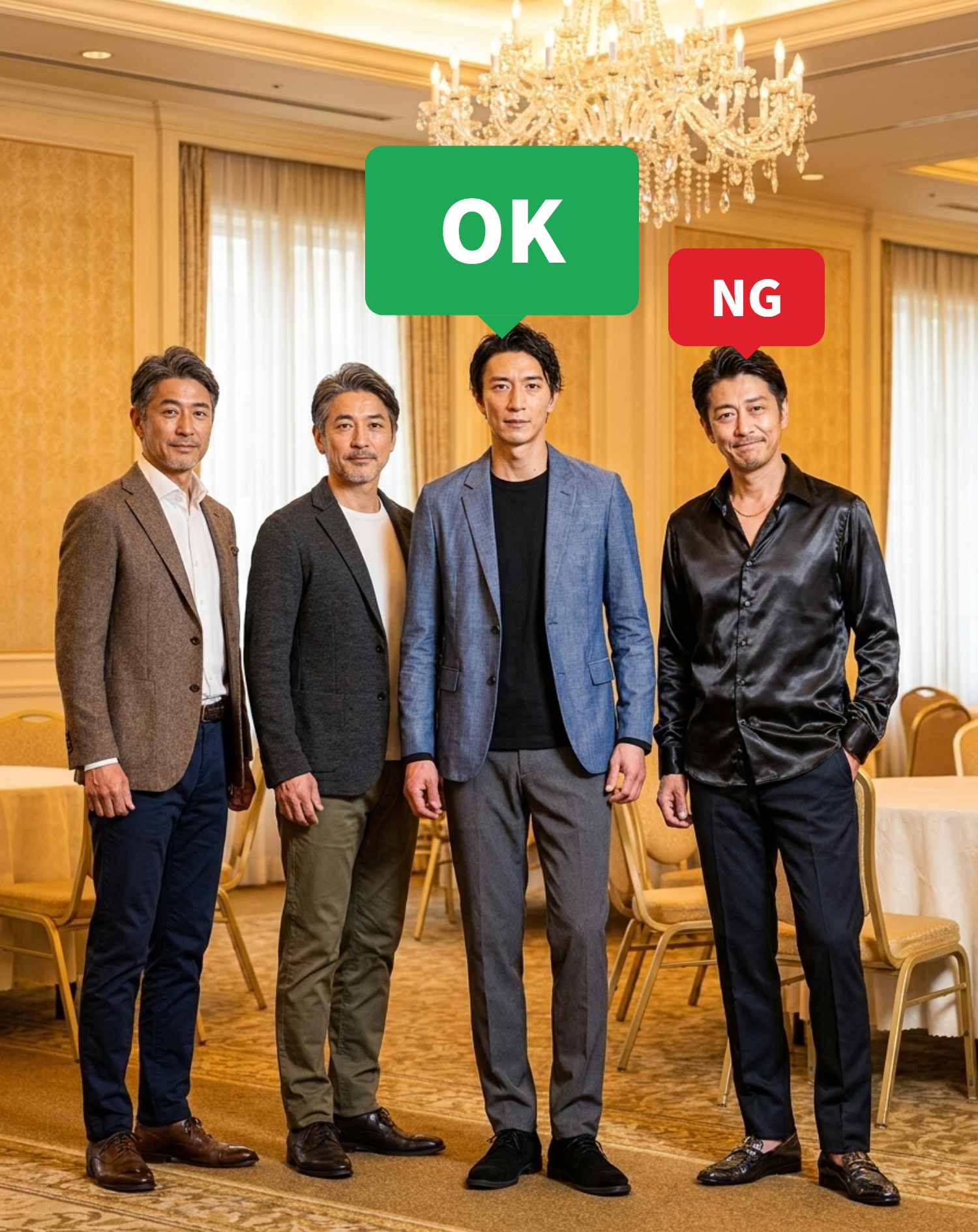 OKコーデ　夜のホテル会場の同窓会で同性の友人に囲まれるシチュエーション（OKマーク付き）