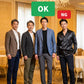 50代男性のホテル同窓会向けスマートカジュアル3点コーデセット デニムテーラードジャケット×黒ロンT×チャコールグレーテーパードパンツ