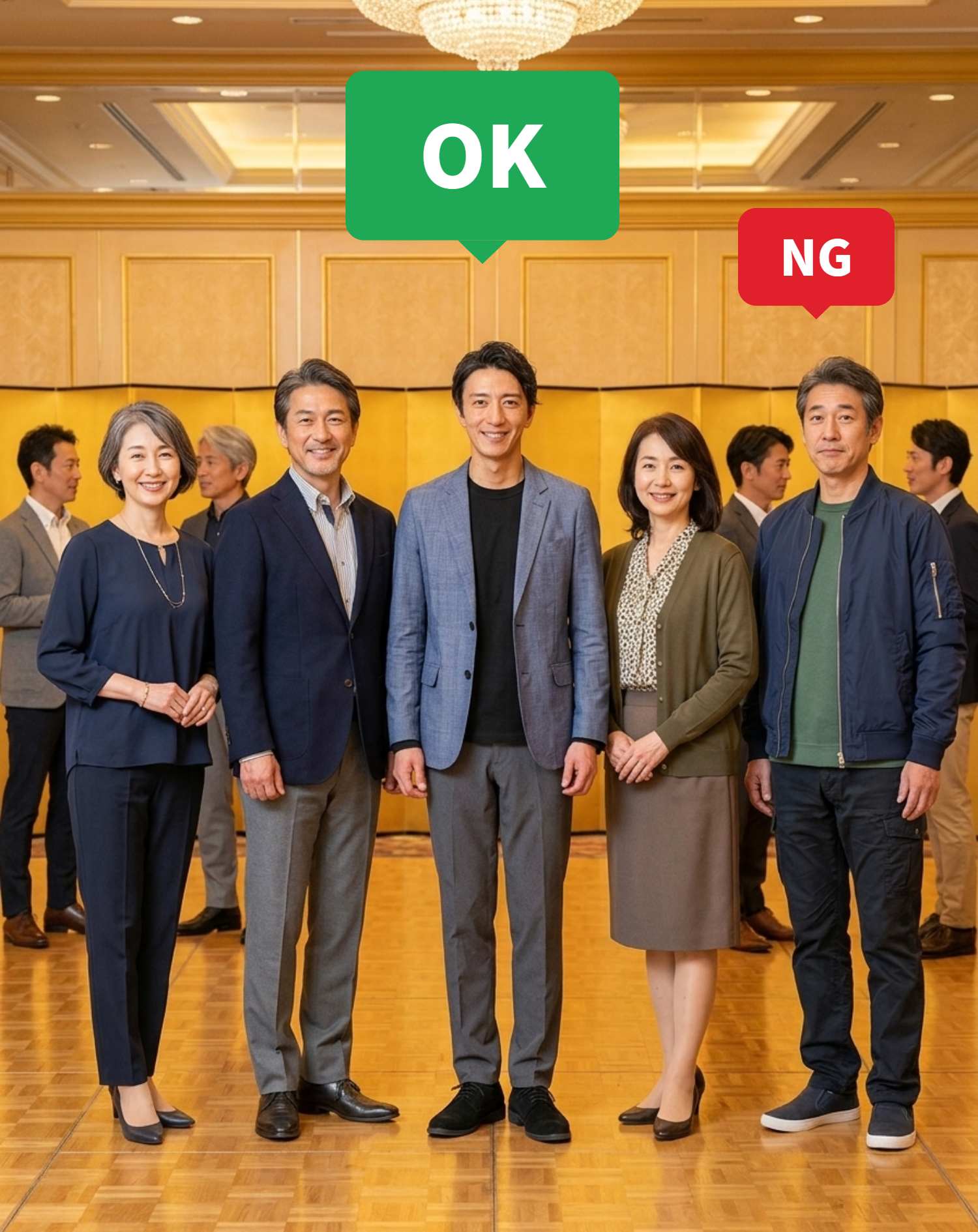 OKコーデ　夜のホテル会場の同窓会で異性の同級生に囲まれるシチュエーション（OKマーク付き）