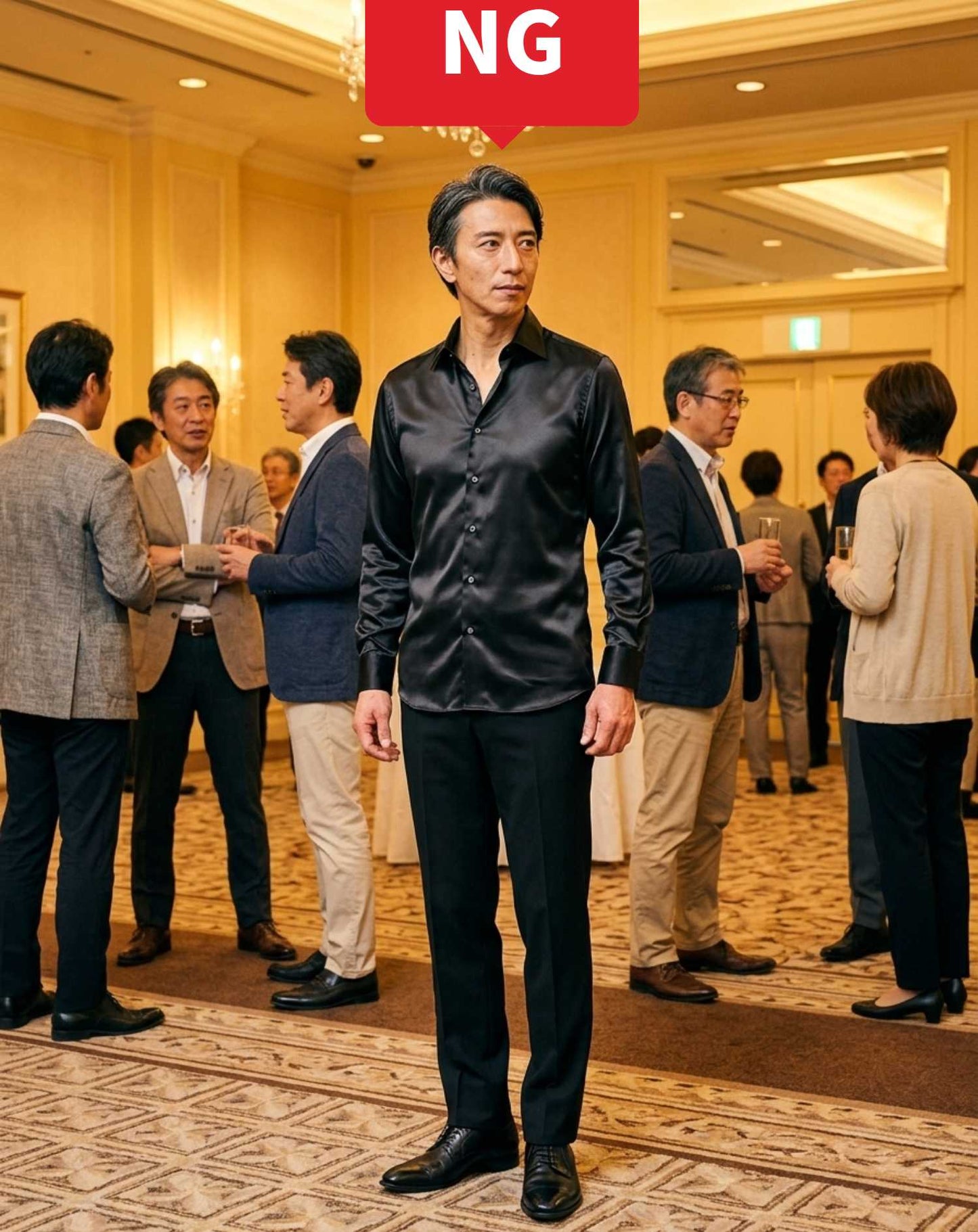 50代男性のホテル同窓会向けスマートカジュアル3点コーデセット デニムテーラードジャケット×黒ロンT×チャコールグレーテーパードパンツ
