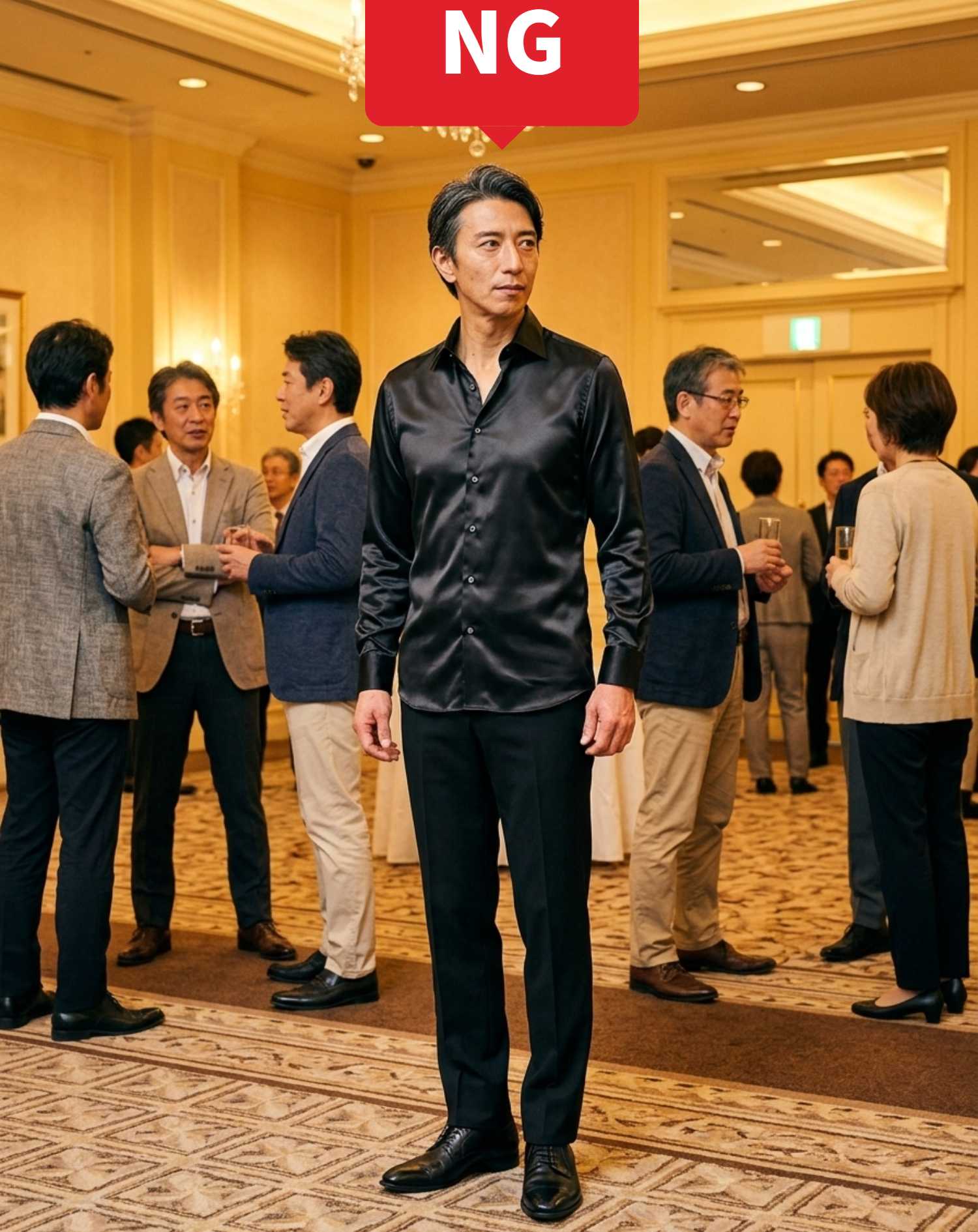 50代男性のホテル同窓会向けスマートカジュアル3点コーデセット デニムテーラードジャケット×黒ロンT×チャコールグレーテーパードパンツ