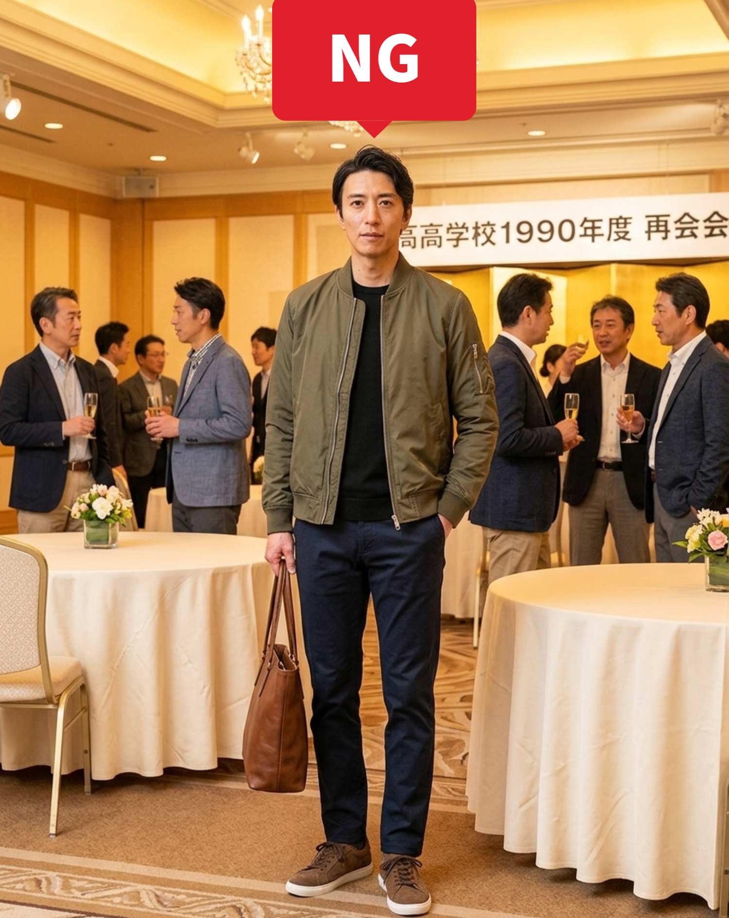 NGコーデ・よくある失敗例２　アウトドア系のジャンパーを羽織って夜のホテル会場に来てしまった装い（NGマーク付き）