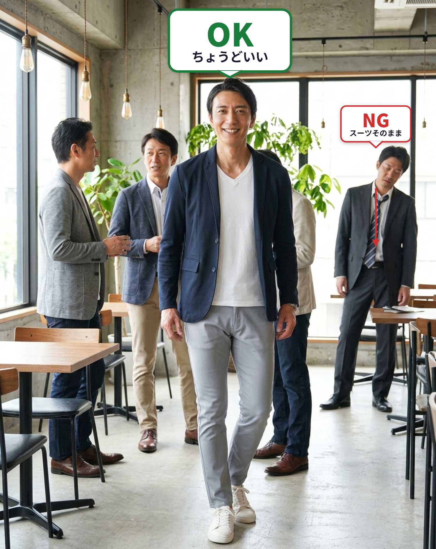 OKコーデ　ダイニングバーの同窓会で同性の友人に囲まれるシチュエーション（OKマーク付き）