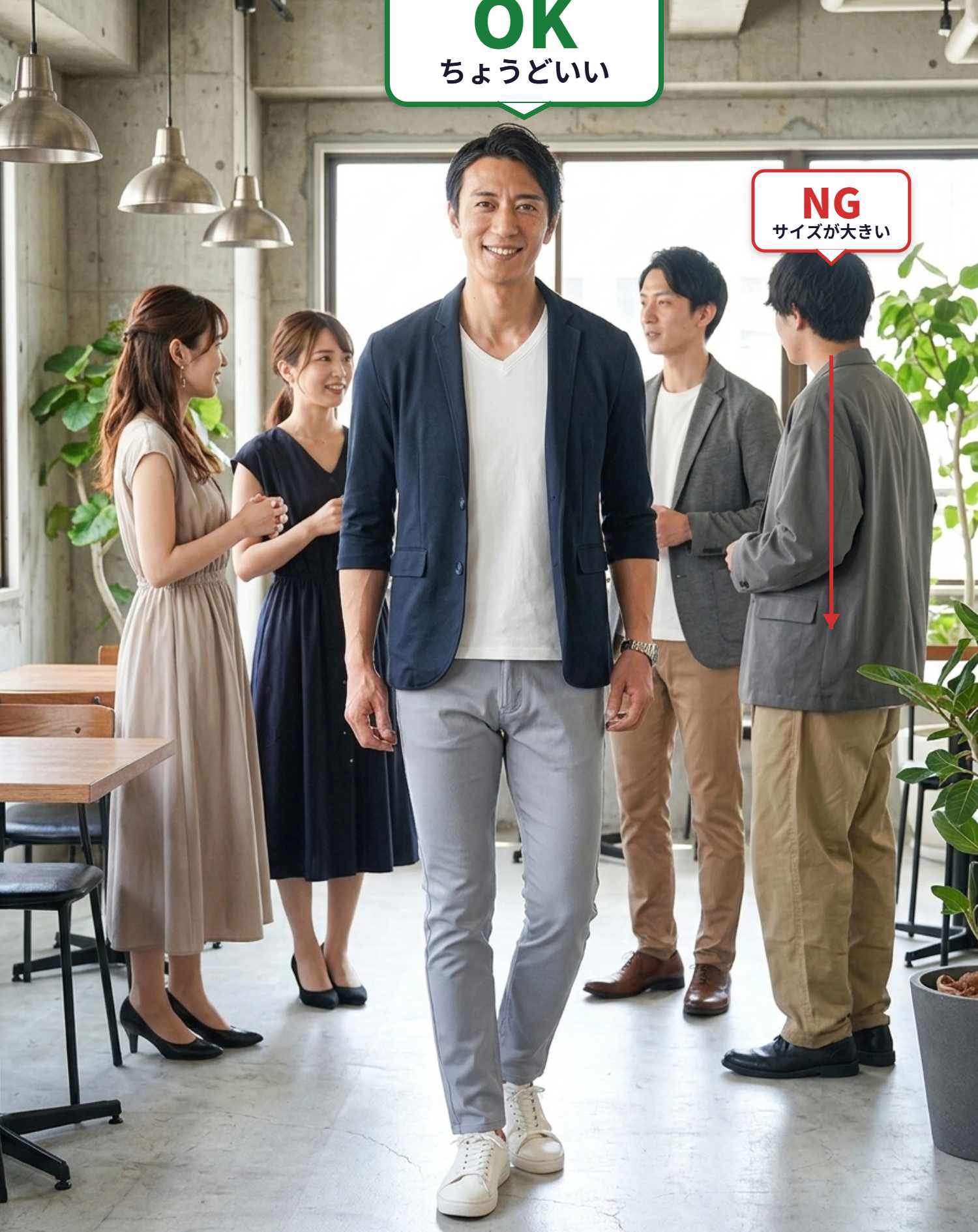 OKコーデ　ダイニングバーの同窓会で異性の同級生に囲まれるシチュエーション（OKマーク付き）
