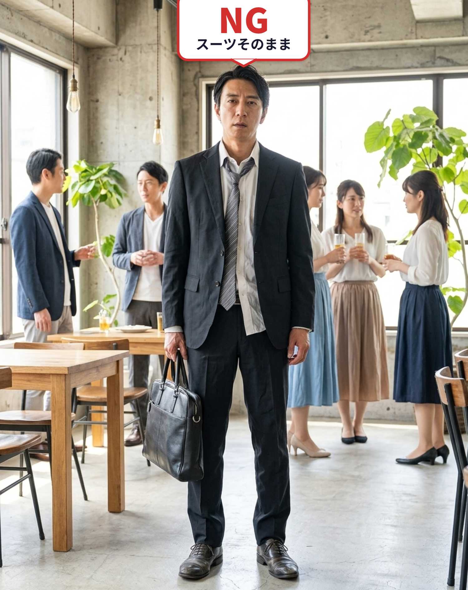 NGコーデ・よくある失敗例１　仕事帰りのくたびれたスーツとネクタイのまま参加してしまった装い（NGマーク付き）