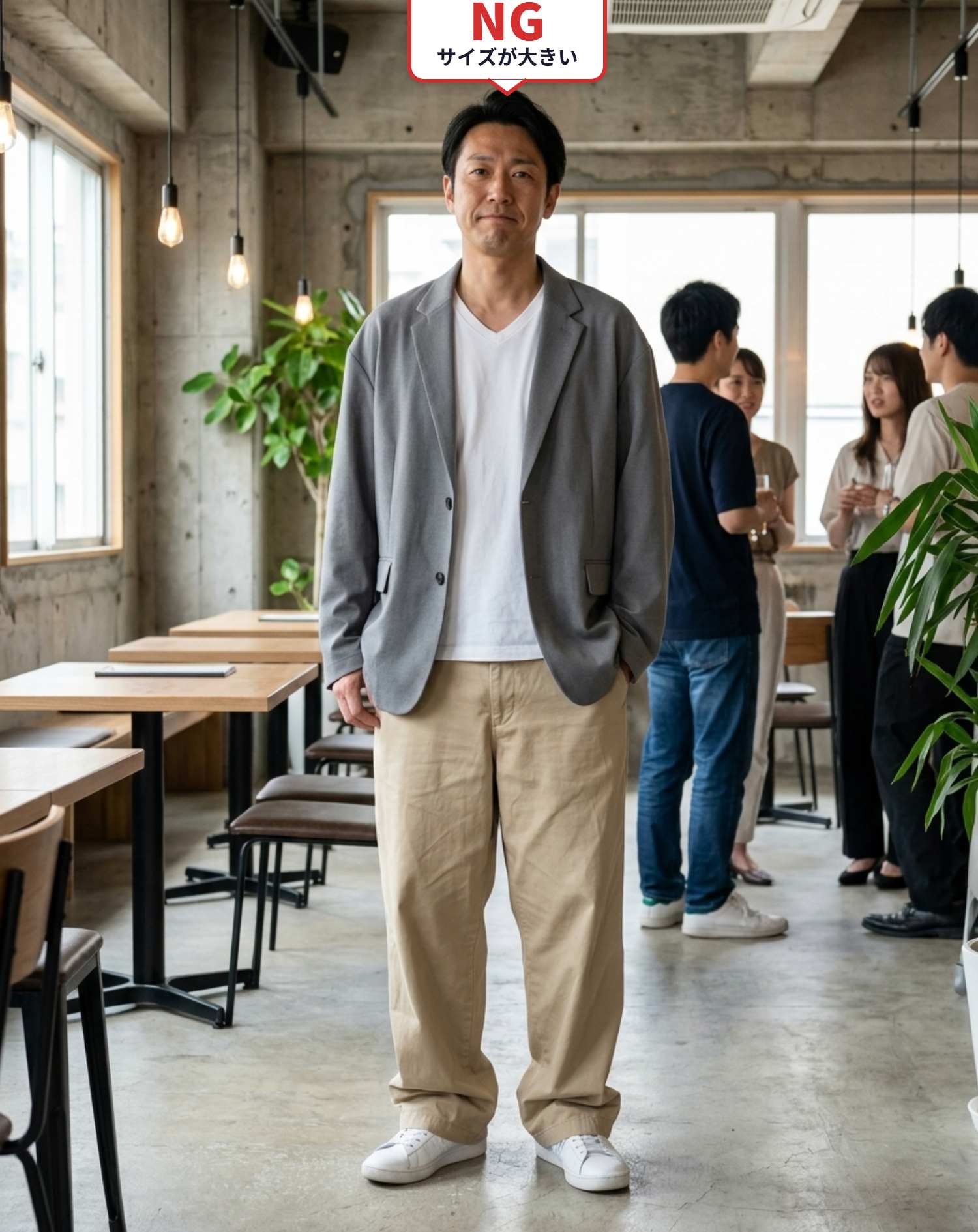 NGコーデ・よくある失敗例２　サイズが大きくだぼついたジャケットとパンツで来てしまった装い（NGマーク付き）