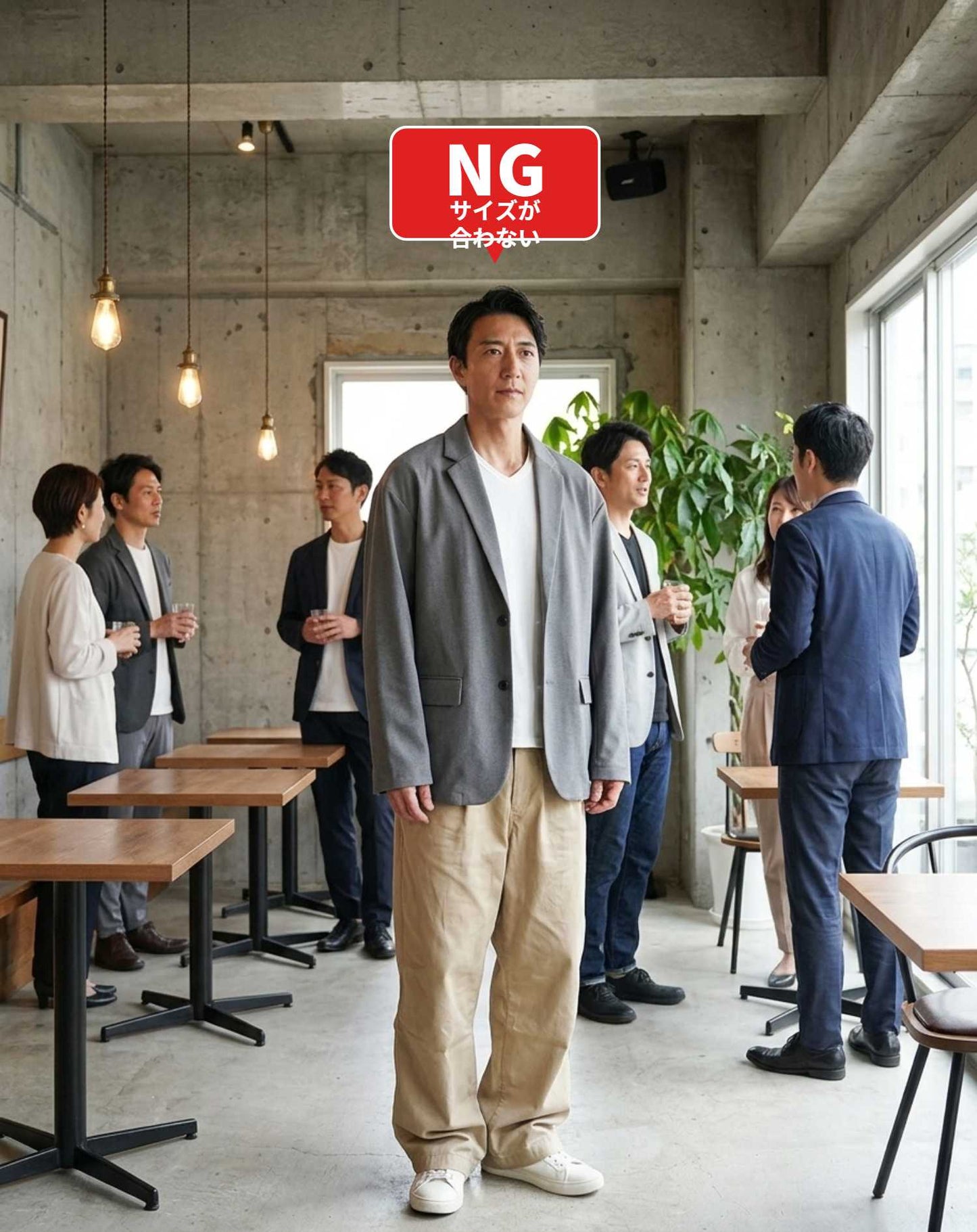 40代男性同窓会・ダイニングバー・カジュアルレストラン向けコーデセット ネイビージャケット×白Tシャツ×グレースリムパンツ
