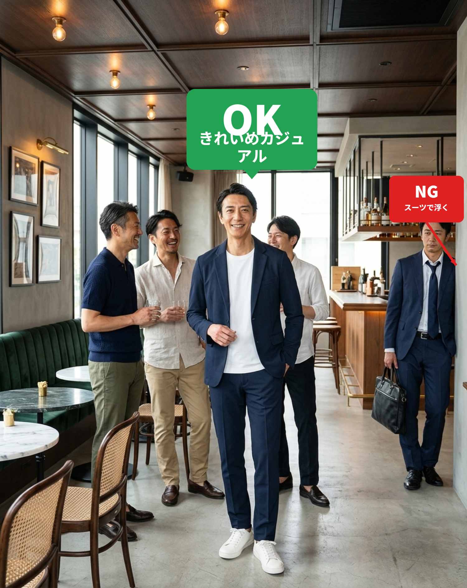 OKコーデ　ダイニングバーの同窓会で同性の友人に囲まれるシチュエーション（OKマーク付き）