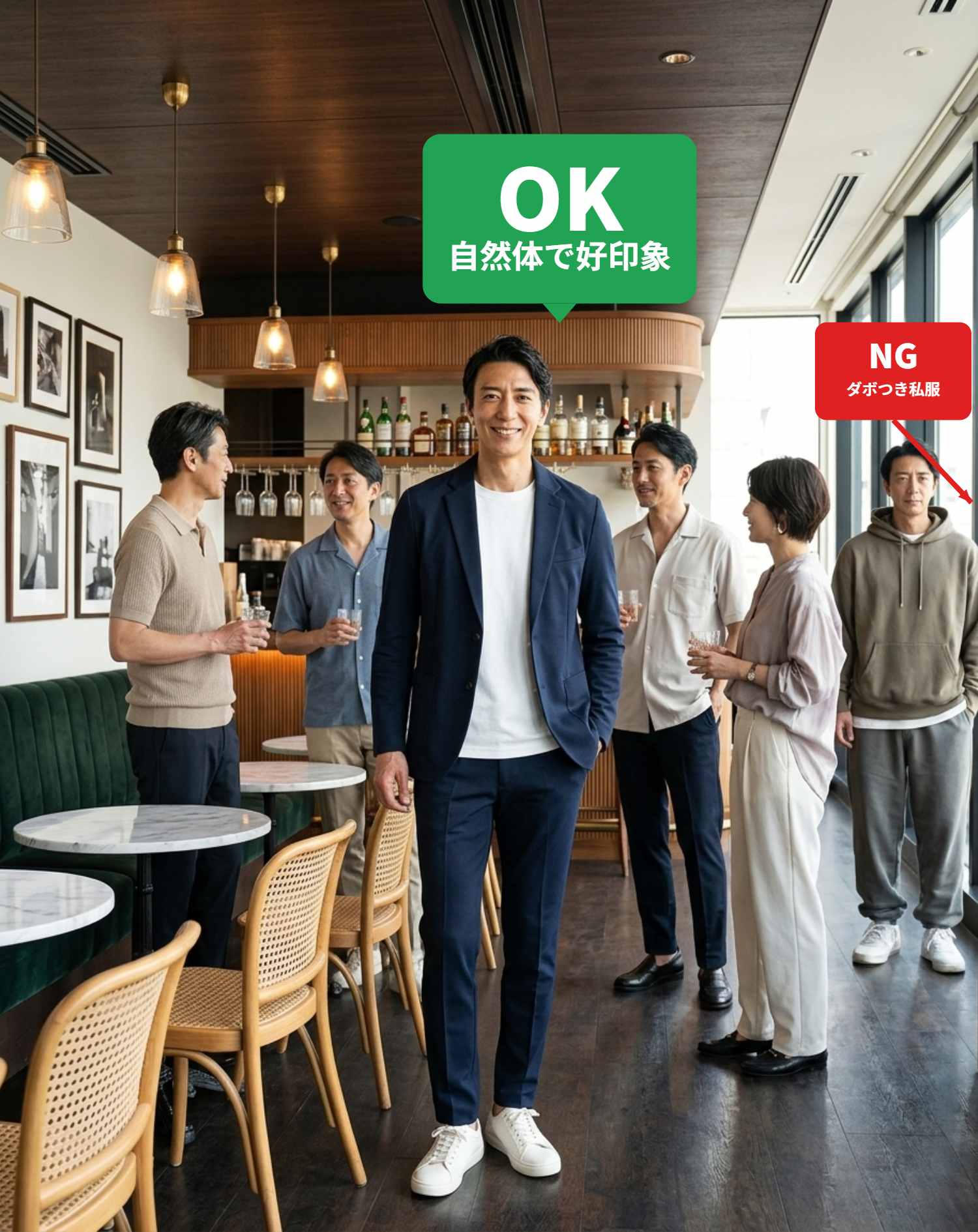 OKコーデ　ダイニングバーの同窓会で異性の同級生に囲まれるシチュエーション（OKマーク付き）