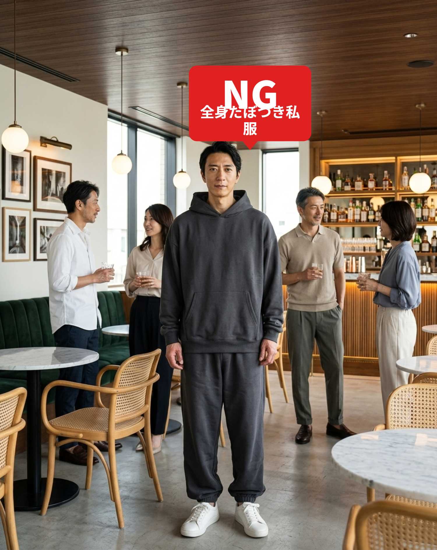 NGコーデ・よくある失敗例２　オーバーサイズのフーディーとだぶついたスウェットパンツで来てしまった装い（NGマーク付き）