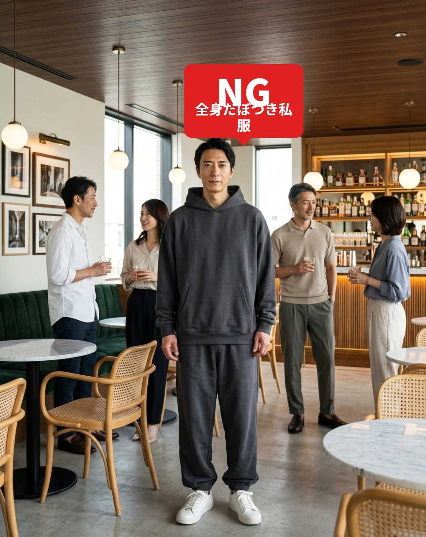 40代男性同窓会・ダイニングバー・カジュアルレストラン向けコーデセット ネイビーセットアップ×白Tシャツ